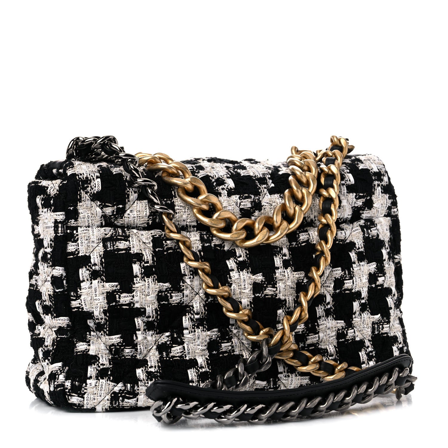 Chanel Tweed Quilted Large Chanel 19 Flap Black Ecru White 3 of 10