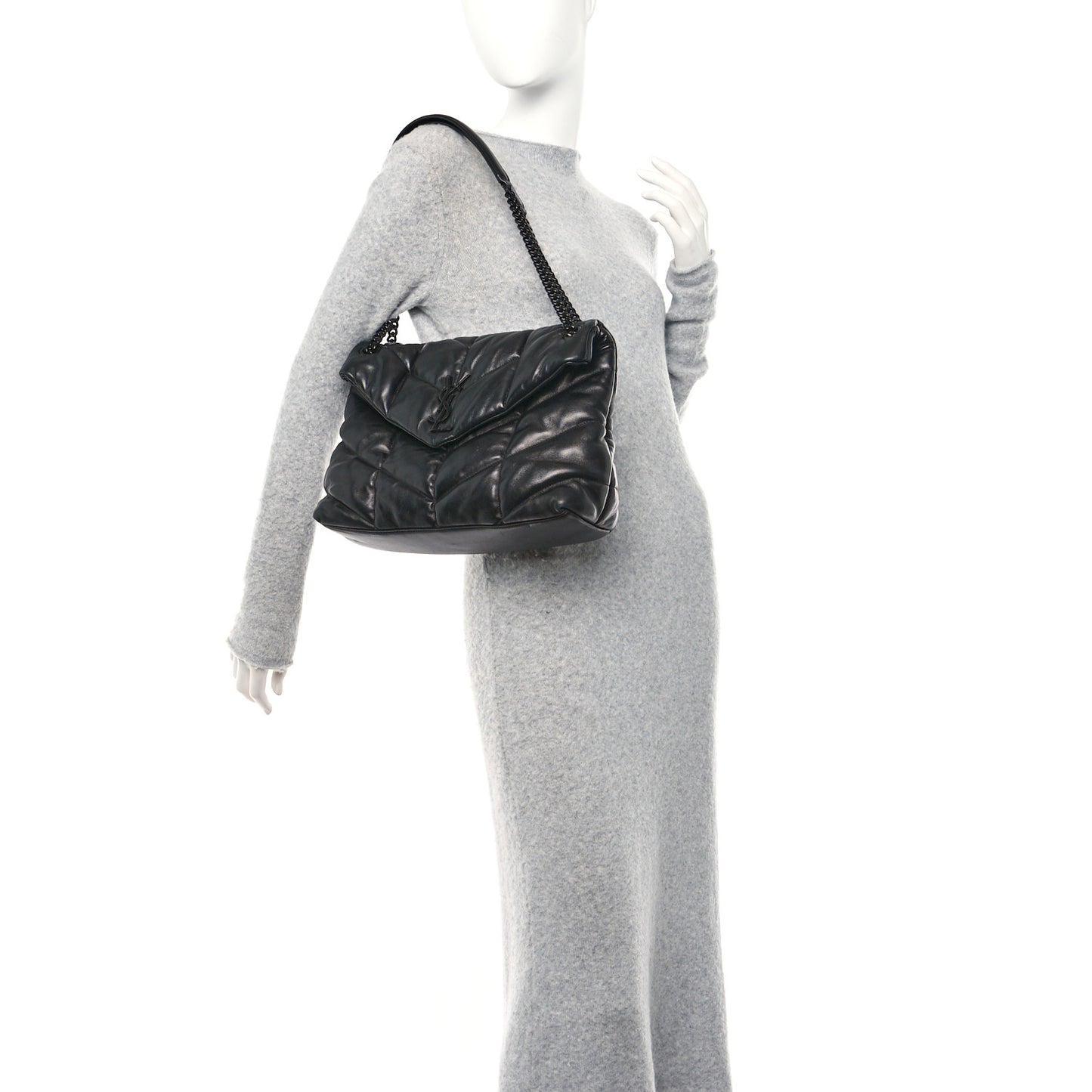 SAINT LAURENT Lambskin Quilted Monogram Monochrome Medium Loulou Puffer Chain Satchel Black