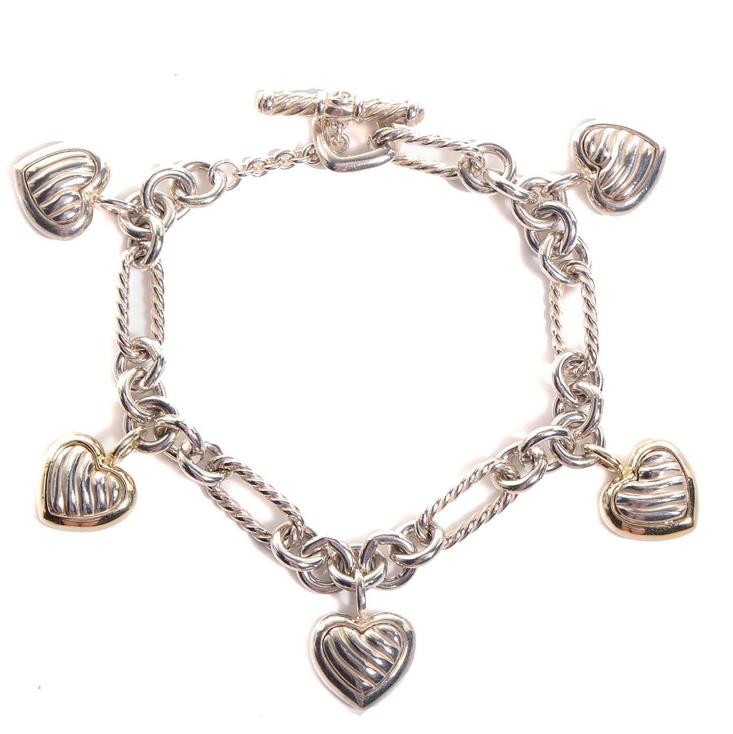 Sterling Silver 18K Yellow Gold Cable Heart 5 Charm Bracelet