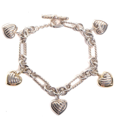 David Yurman Sterling Silver 18K Yellow Gold Cable Heart 5 Charm Bracelet 1 of 5