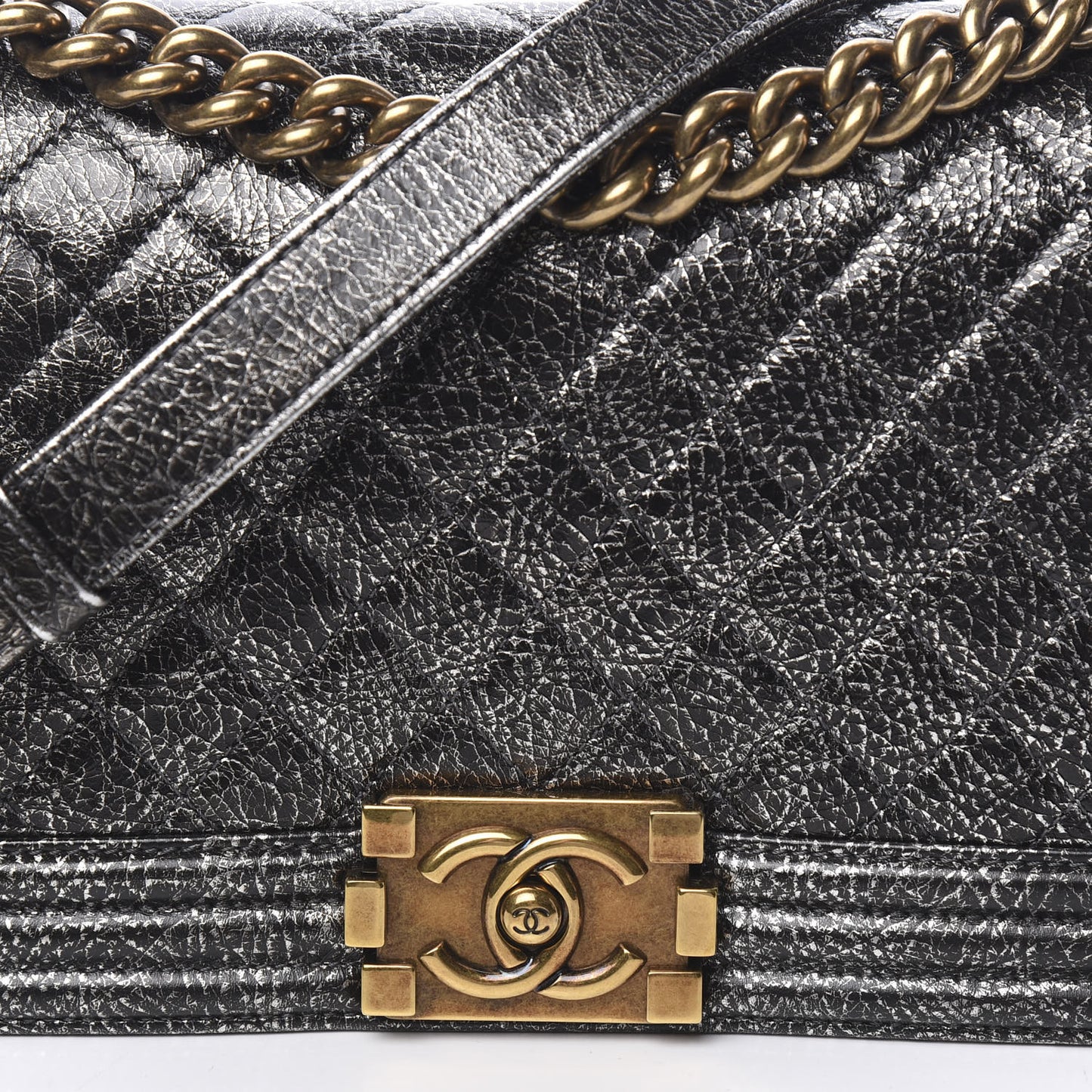 Cracked Metallic Calfskin Quilted Medium Boy Flap Dark Silver