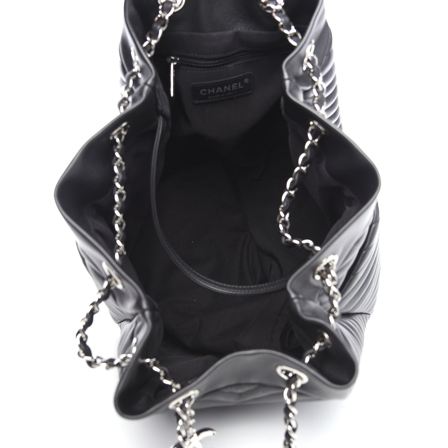 Lambskin Chevron Quilted Large Urban Spirit Drawstring Bag Black