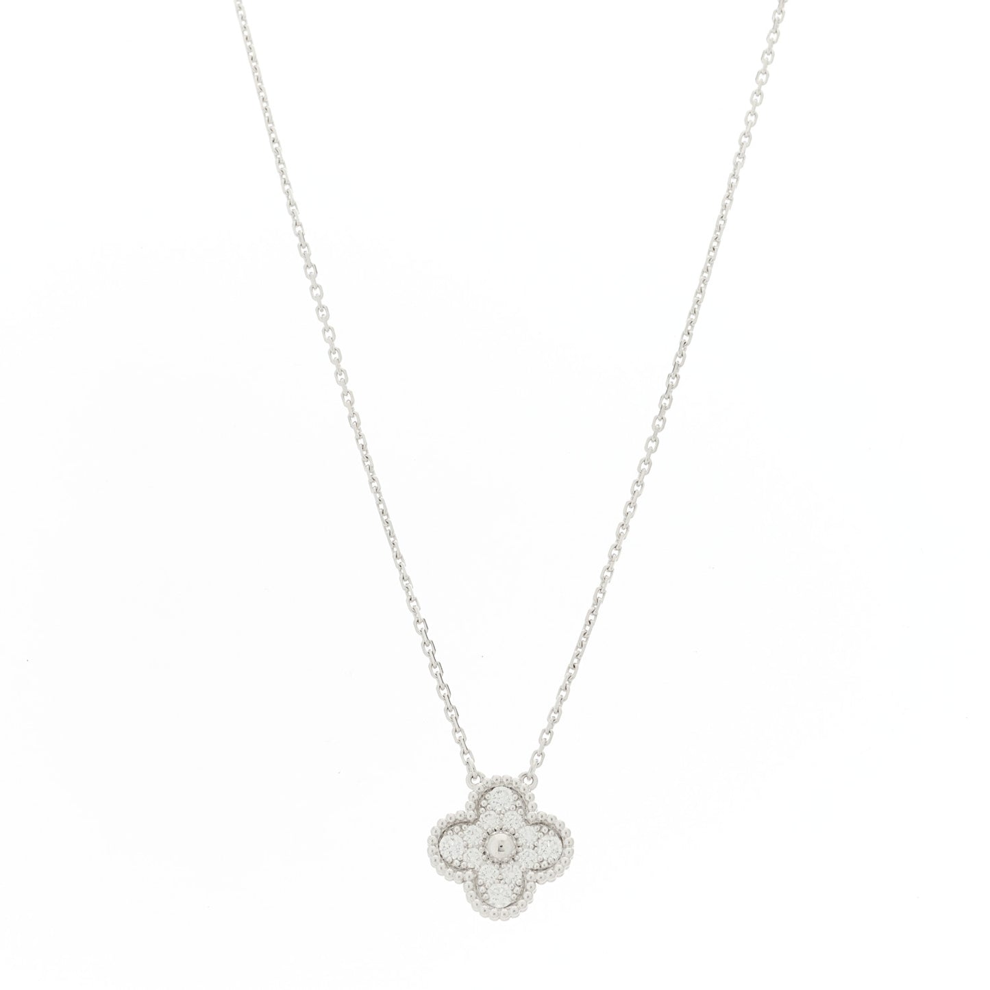 18K White Gold Diamond Vintage Alhambra Pendant Necklace