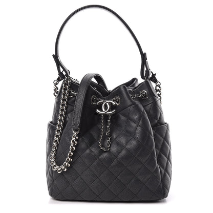 Chanel Caviar Flat Quilted CC Chain Bucket Drawstring Bag Black 1 of 15