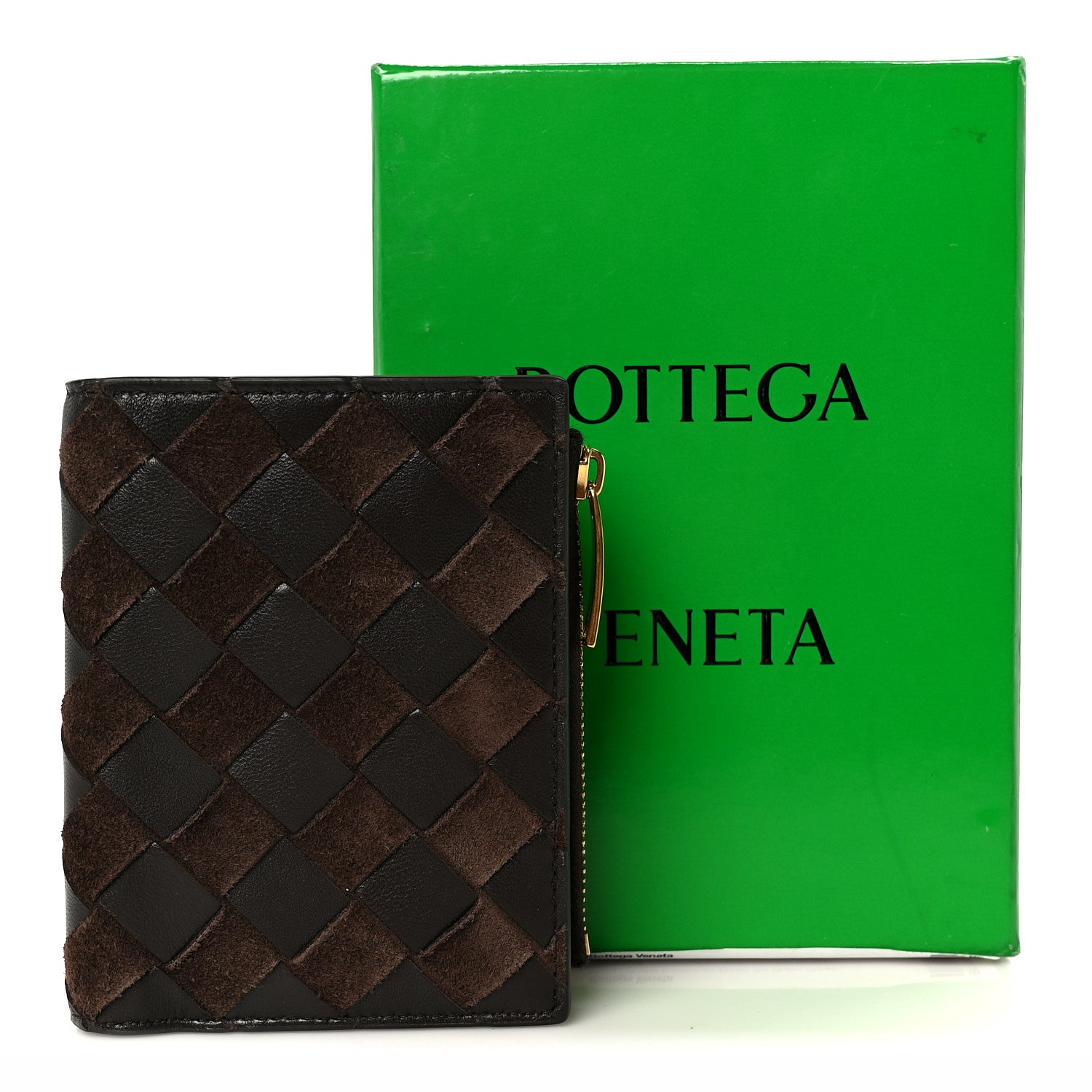 Bottega Veneta Nappa Suede Intrecciato Bifold Zip Wallet Brown