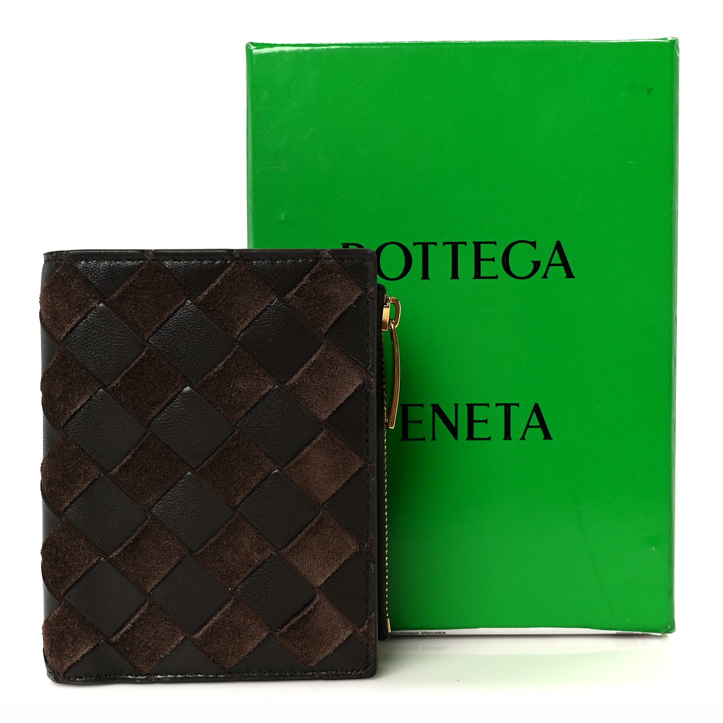 Nappa Suede Intrecciato Bifold Zip Wallet Brown