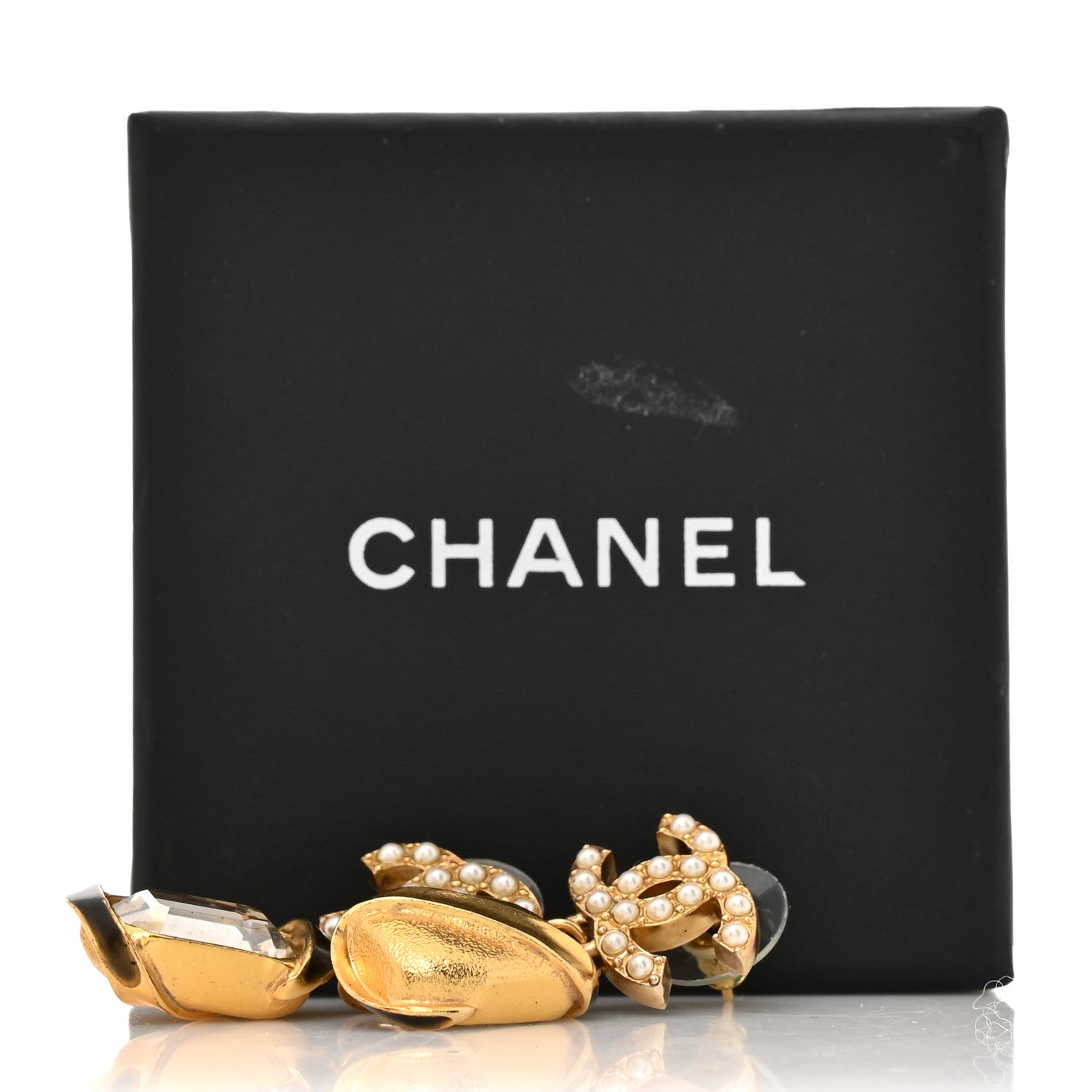 Chanel Crystal Pearl CC Drop Earrings Gold White 8 of 10