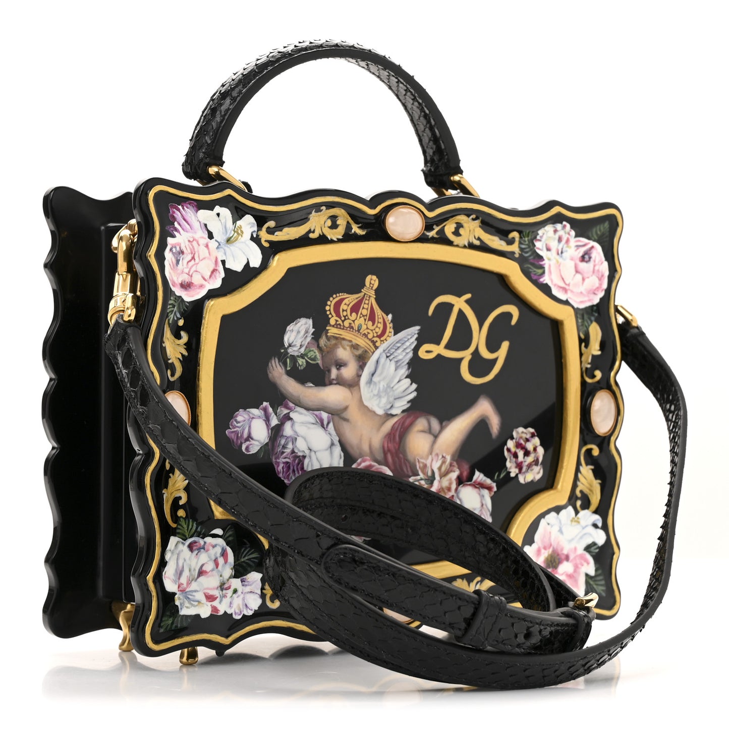 Plexiglass Snakeskin Cherub Box Bag Black Gold
