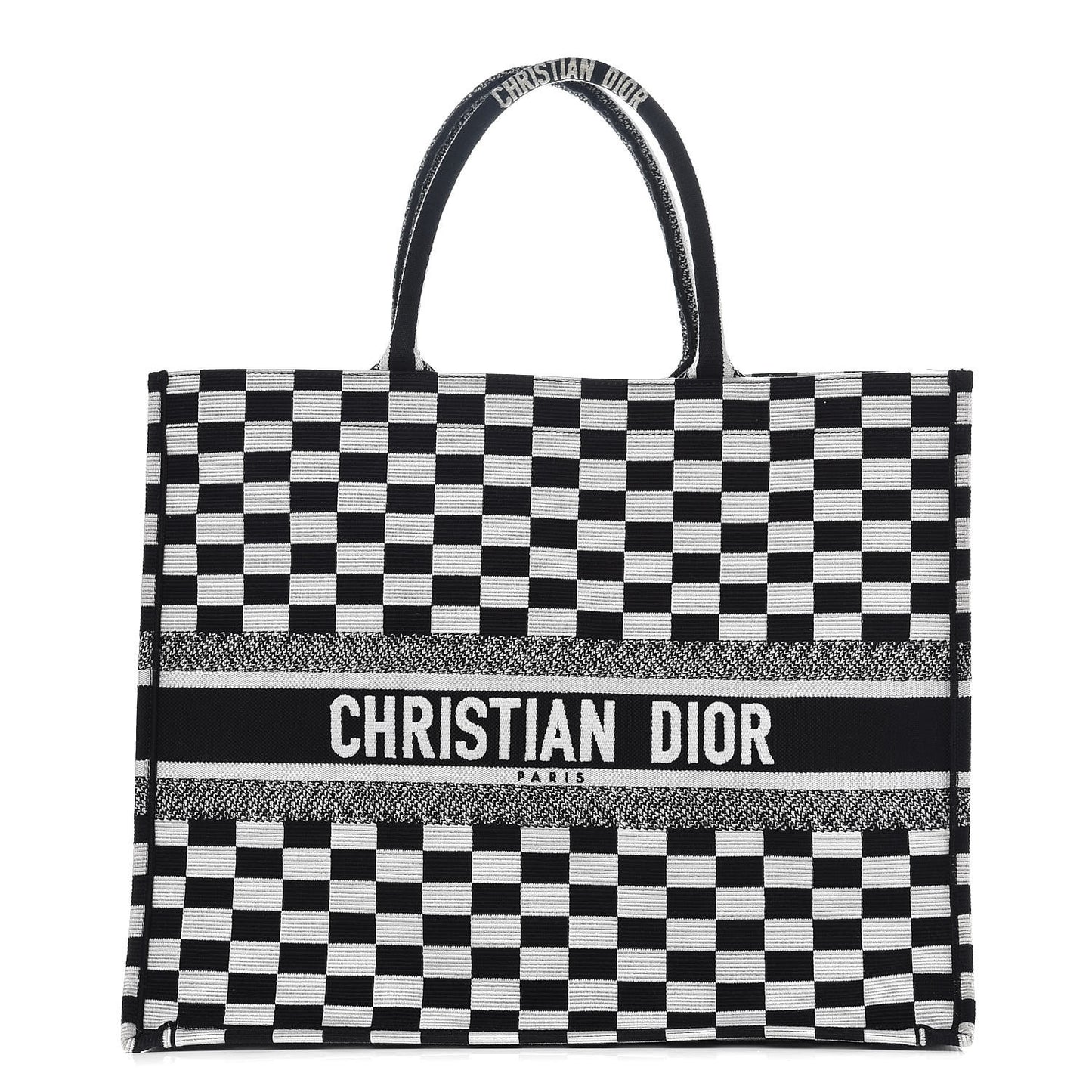 Canvas Embroidered Checkered Book Tote Black White