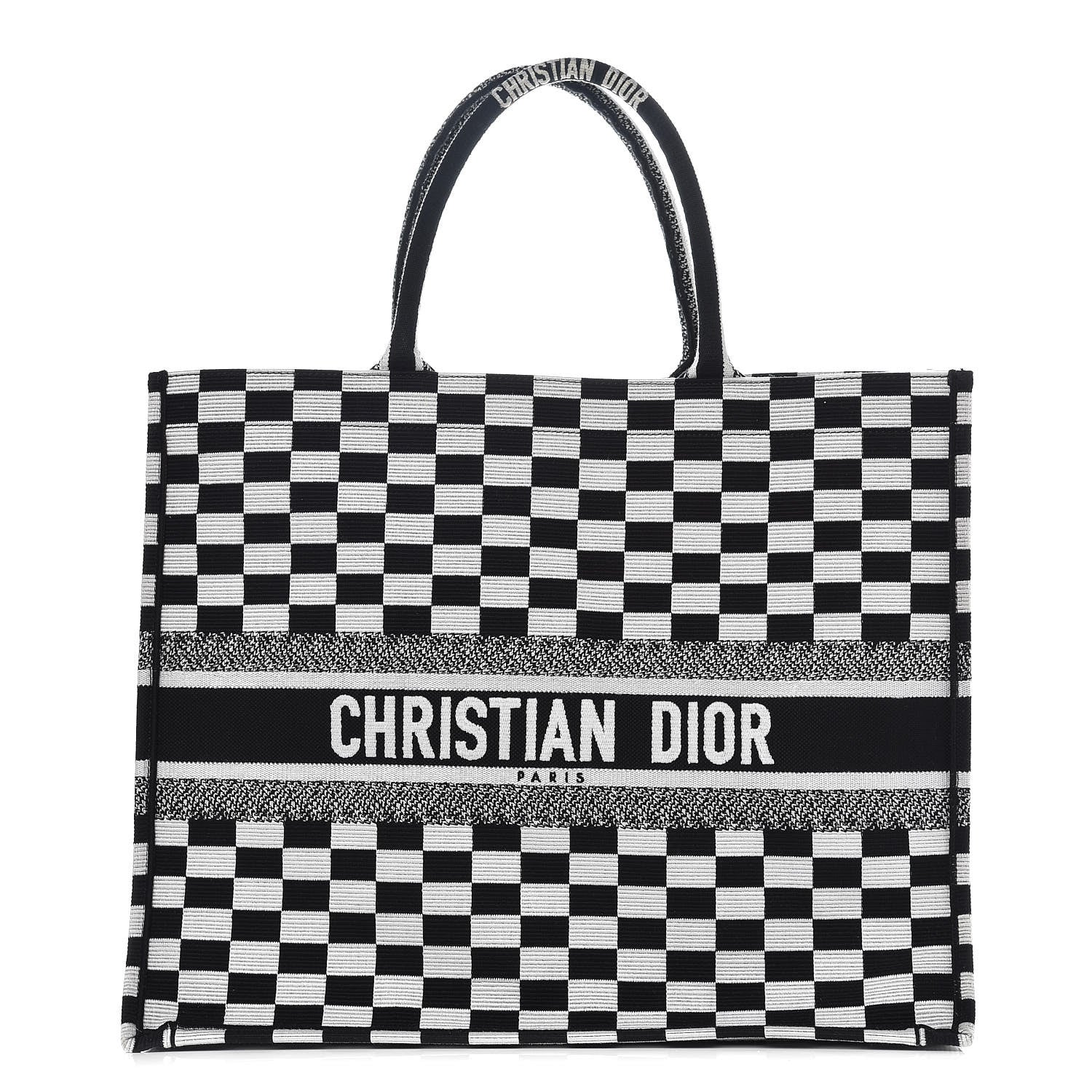 Christian Dior Canvas Embroidered Checkered Book Tote Black White 1 of 9