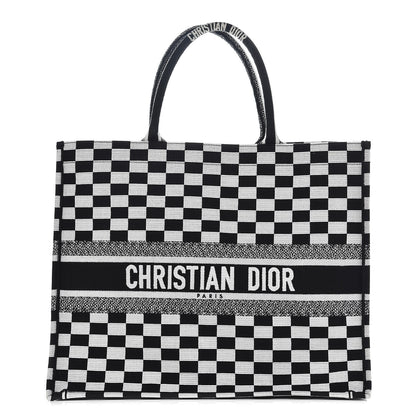 Christian Dior Canvas Embroidered Checkered Book Tote Black White 1 of 9