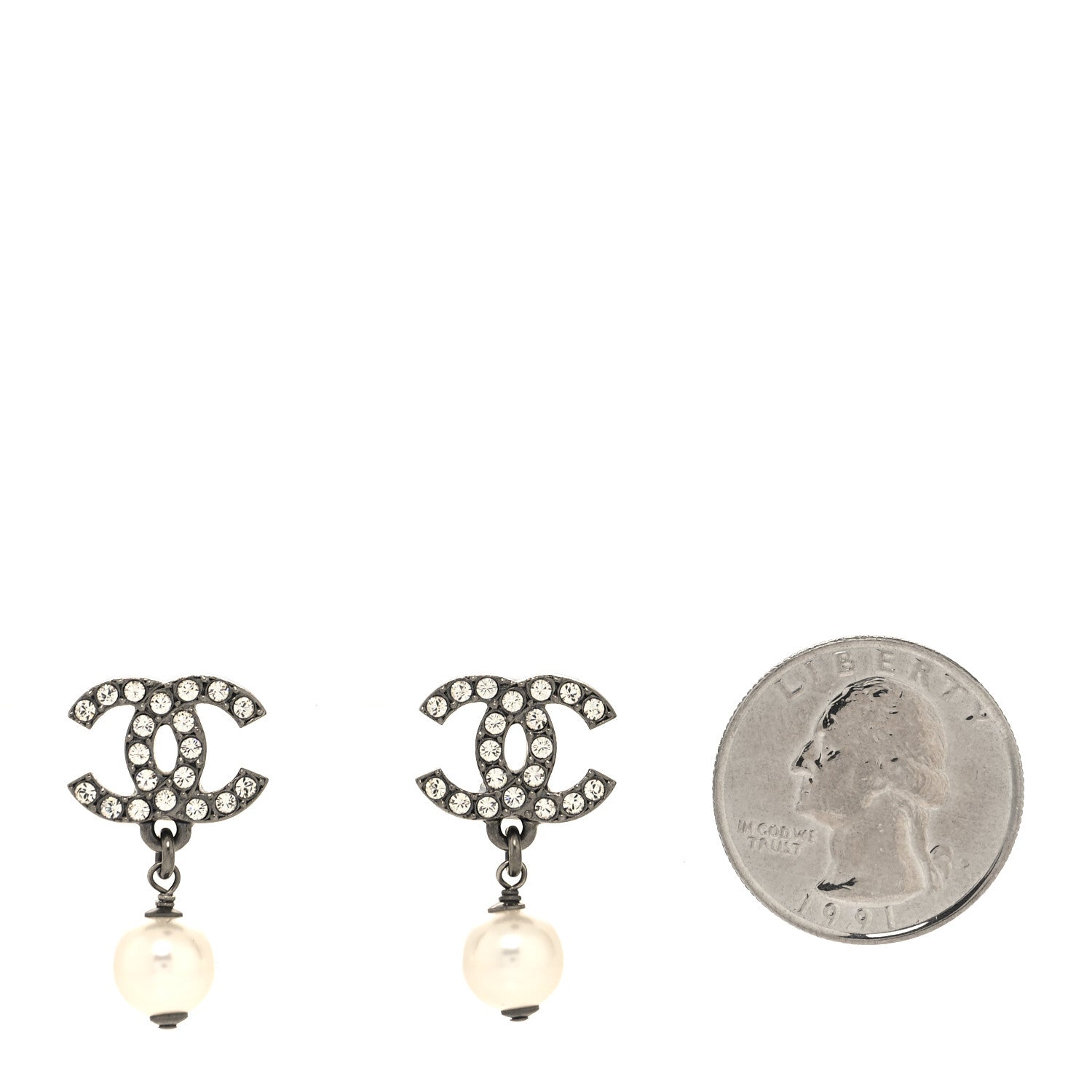 Chanel Crystal Pearl CC Drop Earrings Ruthenium 2 of 4