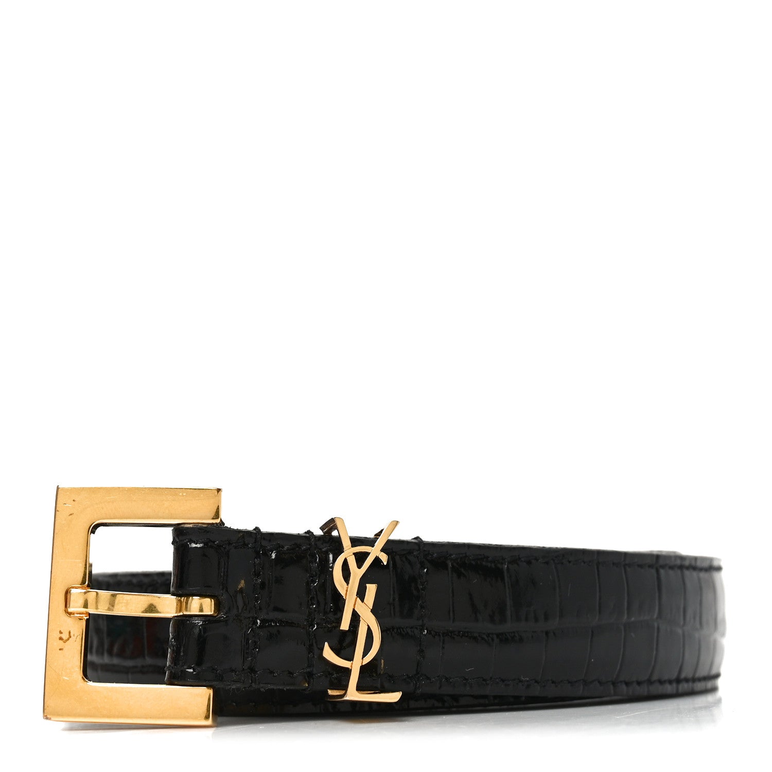 Saint Laurent Calfskin Crocodile Embossed Monogram Square Buckle Belt 70 28 Black 1 of 5