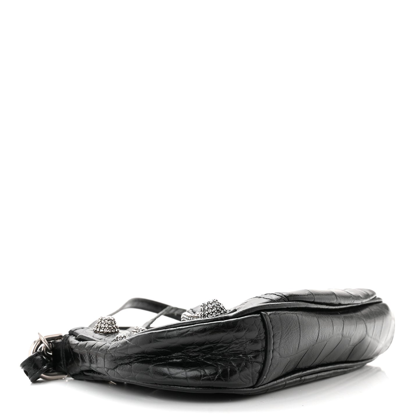Extra Supple Calfskin Crystal Crocodile Embossed Le Cagole Mini Purse With Chain Black