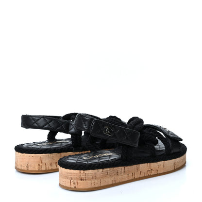 Chanel Cord Lambskin Quilted Logo Sandals 37 Black 4 of 8