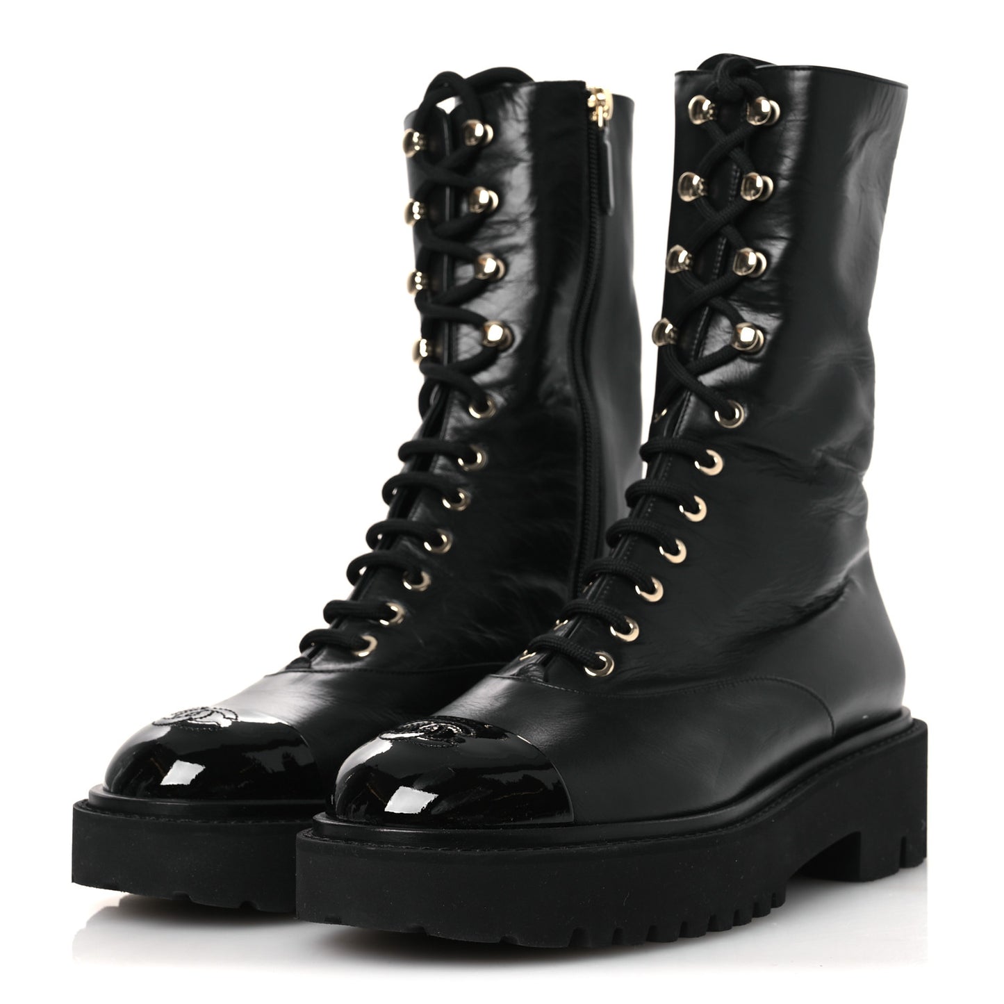 Crumpled Calfskin Patent Cap Toe Lace Up Combat Boots 39.5 Black