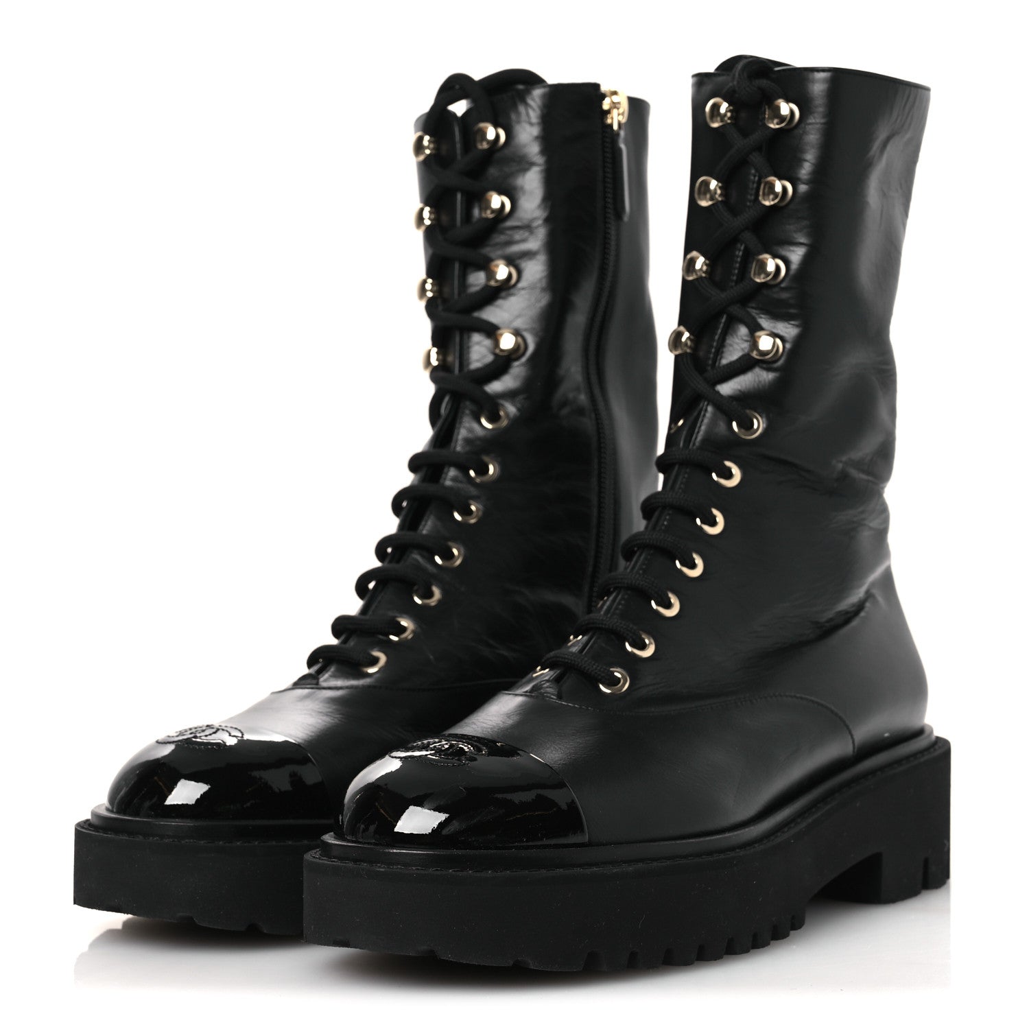 Chanel Crumpled Calfskin Patent Cap Toe Lace Up Combat Boots 39.5 Black 4 of 11