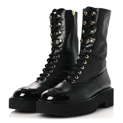 Chanel Crumpled Calfskin Patent Cap Toe Lace Up Combat Boots 39.5 Black 4 of 11