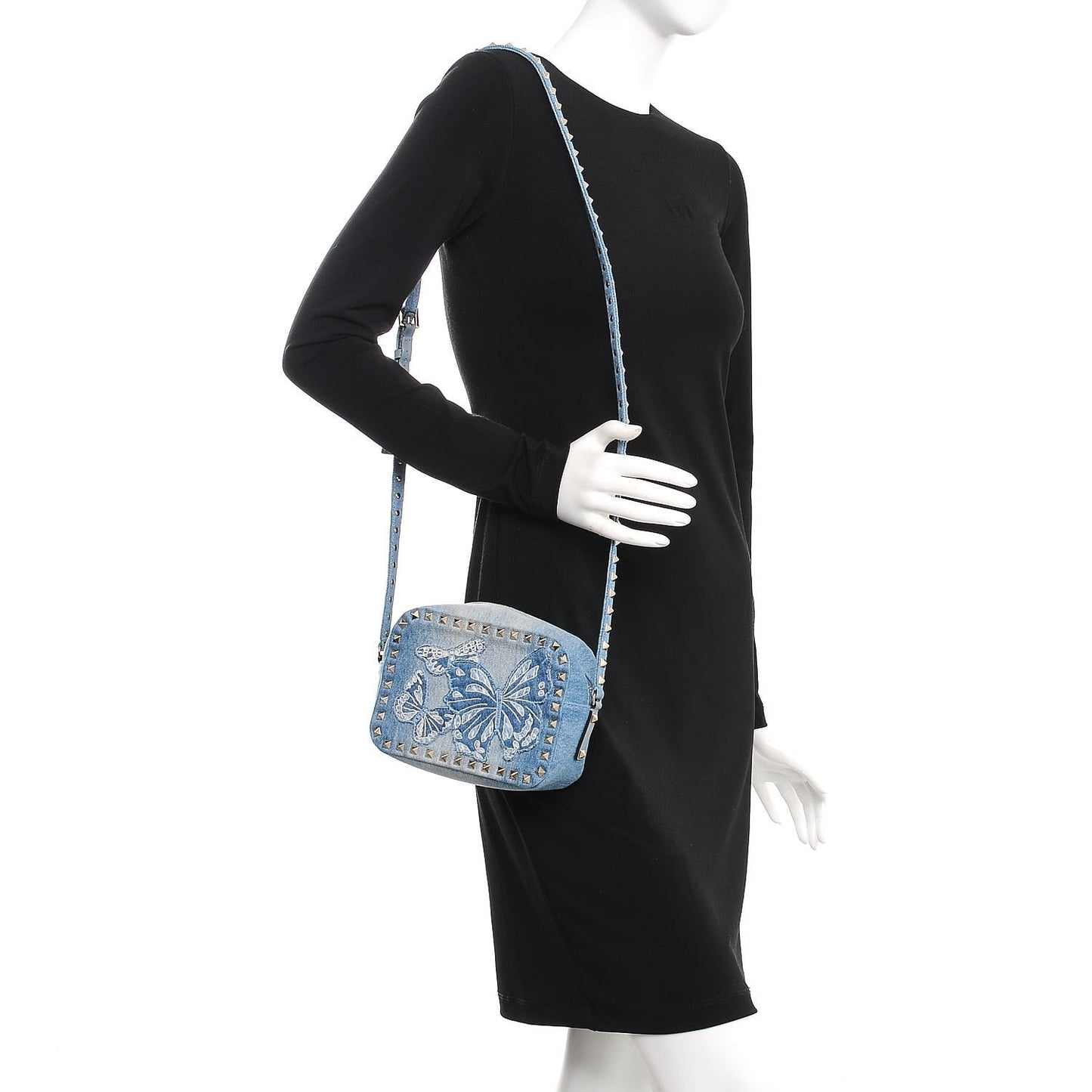 Washed Denim Butterfly Embroidered Rockstud Camera Crossbody Bag Light Denim