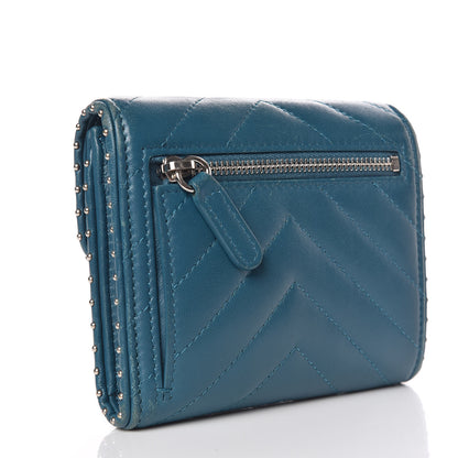 Chanel Lambskin Chevron Quilted Studded Compact Flap Wallet Blue 3 of 14