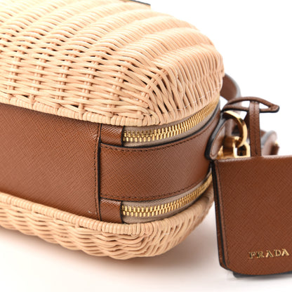 Prada Wicker Saffiano Midolino Odette Top Handle Bag Beige Cognac 7 of 9