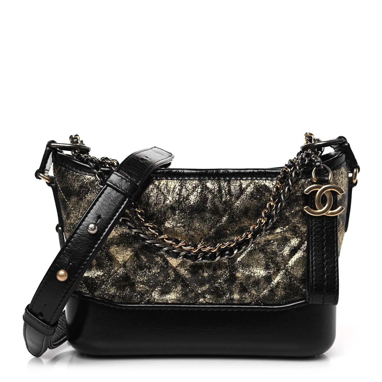 Chanel Metallic Crumpled Goatskin Quilted Small Gabrielle Hobo Black Gold 1 of 9