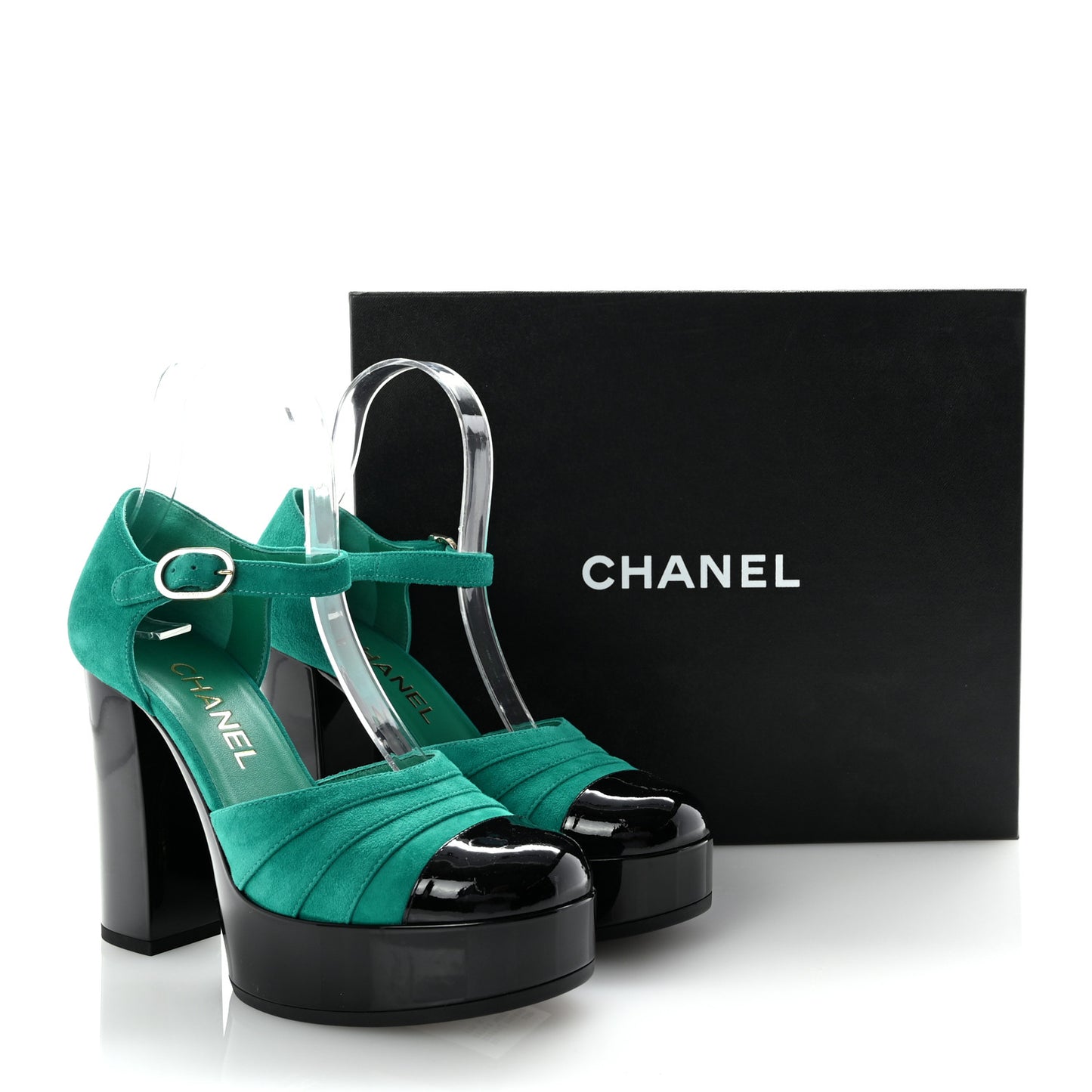 Suede Kidskin Patent Calfskin CC Platform Pumps 37.5 Green Black