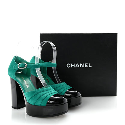 Chanel Suede Kidskin Patent Calfskin CC Platform Pumps 37.5 Green Black 10 of 10