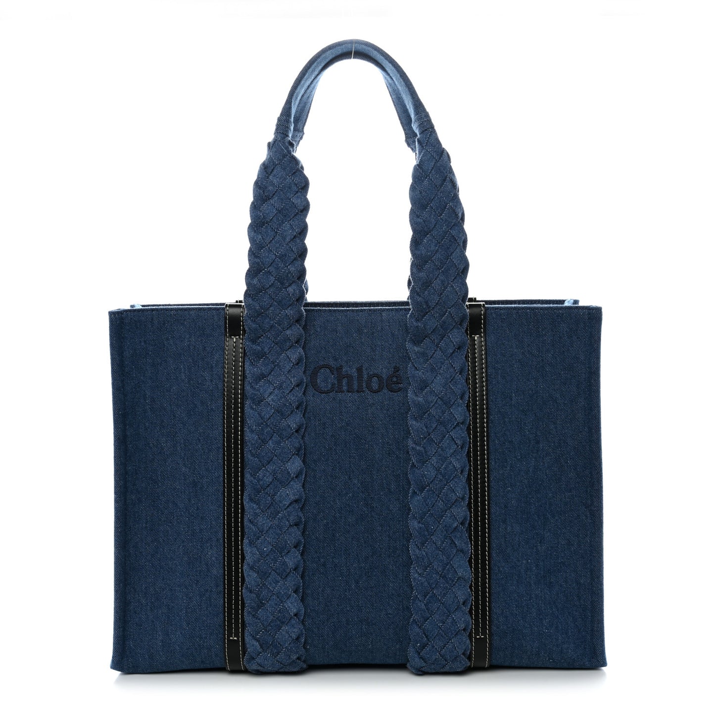 Denim Calfskin Large Braided Woody Ribbon Tote  Blue