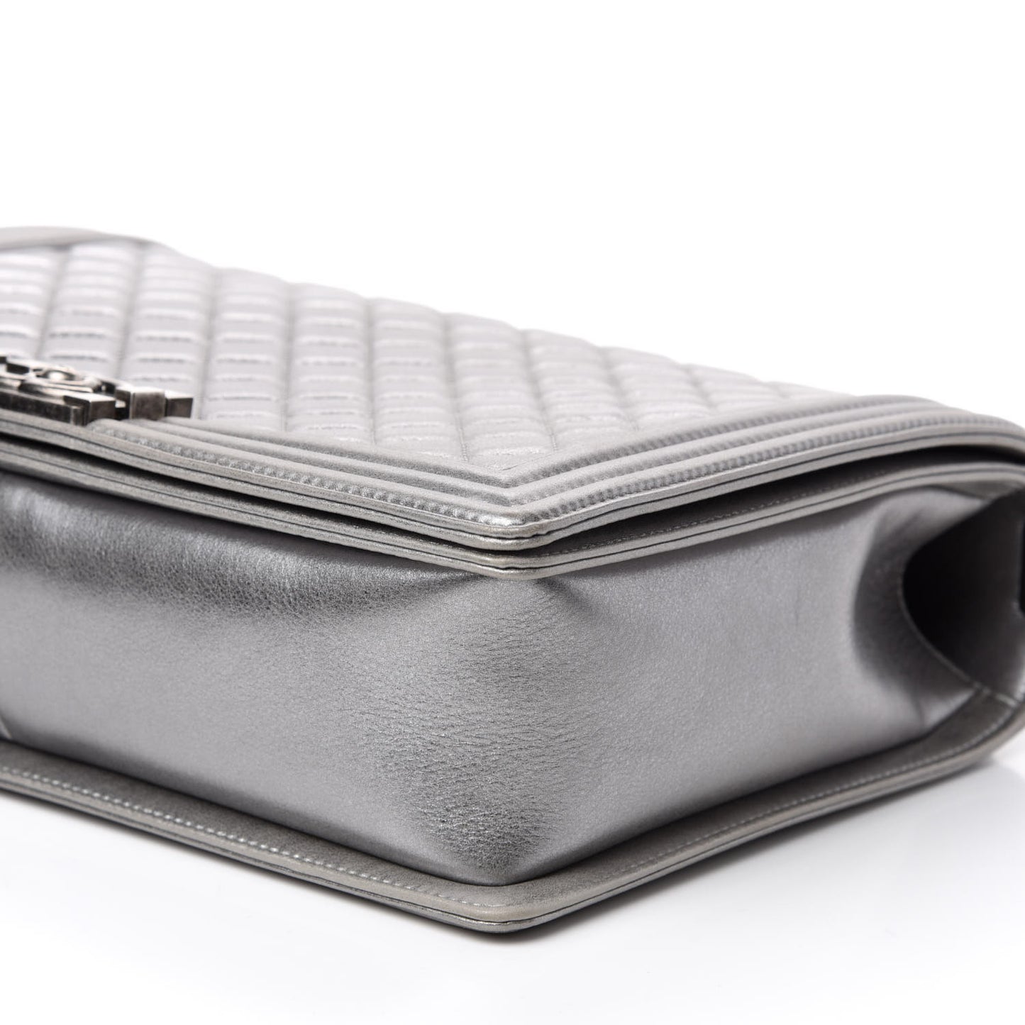 Metallic Calfskin Quilted Large Boy Flap Silver