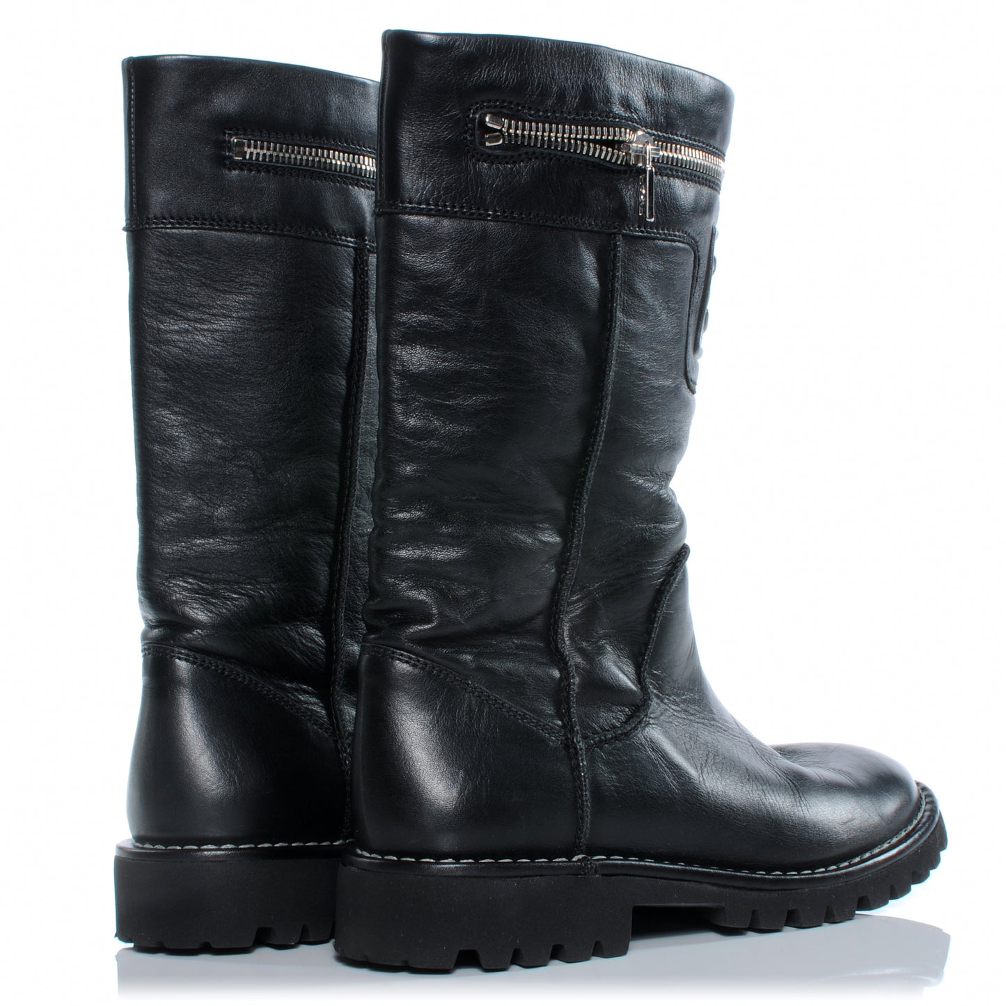 Leather Motorcycle Zipper Boots 35.5 Black