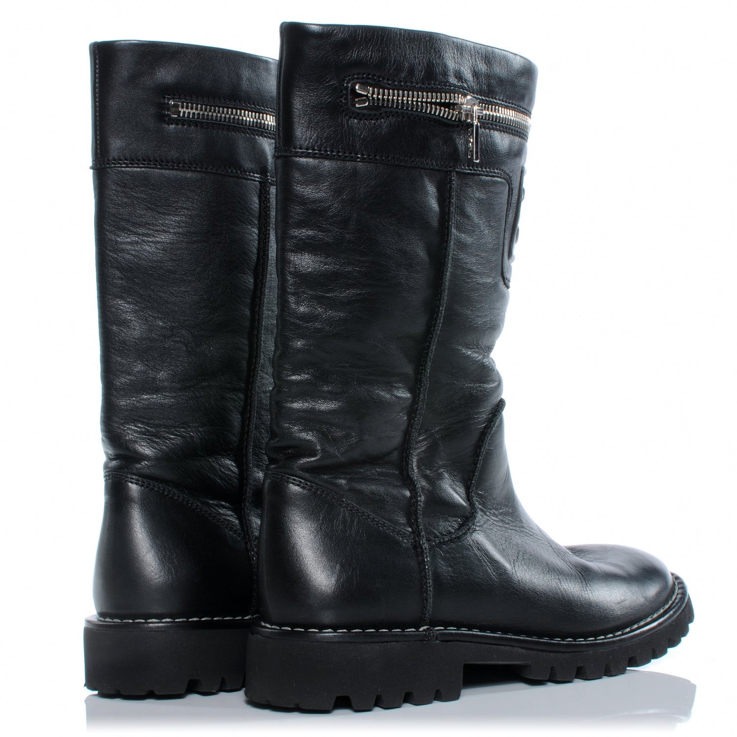 Chanel Leather Motorcycle Zipper Boots 35.5 Black 3 of 6