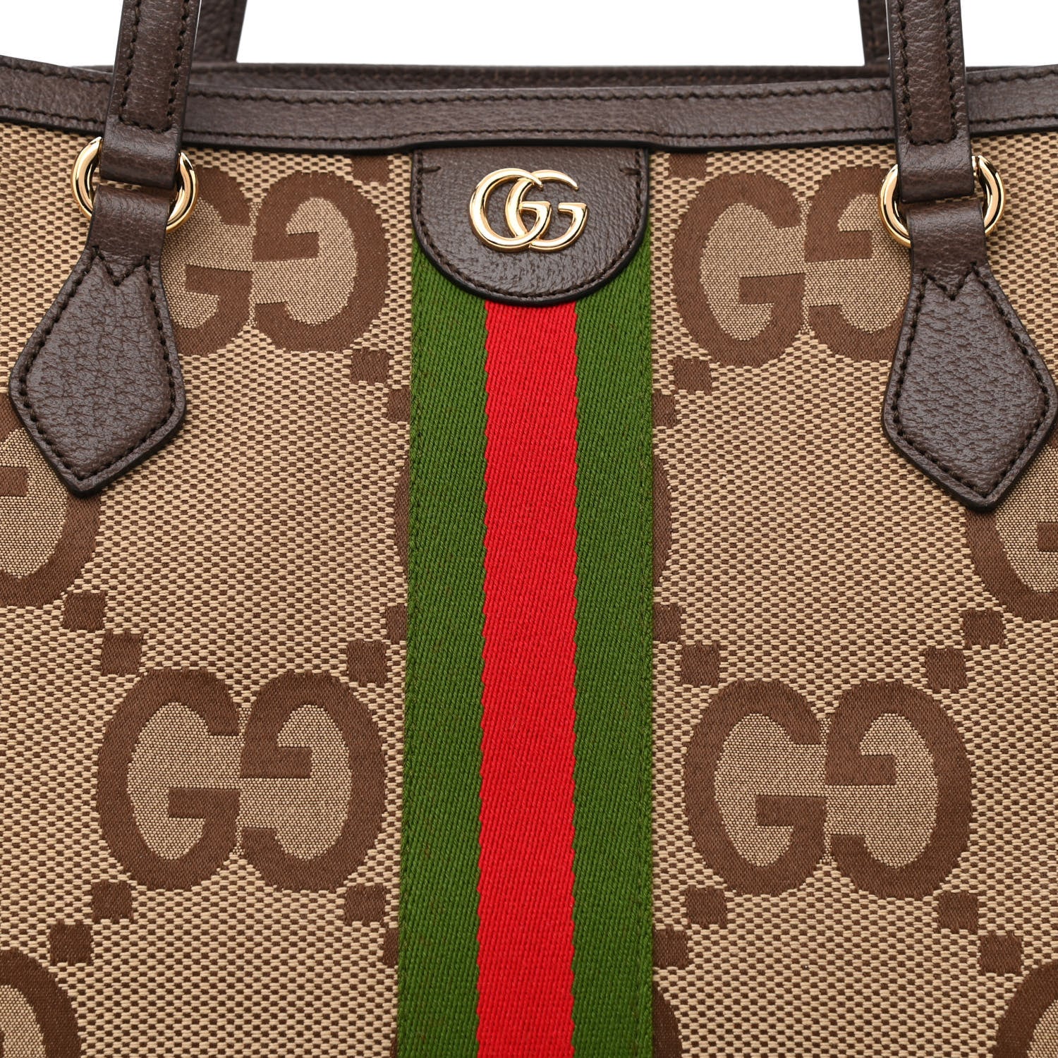 Gucci Monogram Jumbo GG Textured Dollar Calfskin Web Medium Ophidia Shopping Tote Camel Ebony 8 of 10