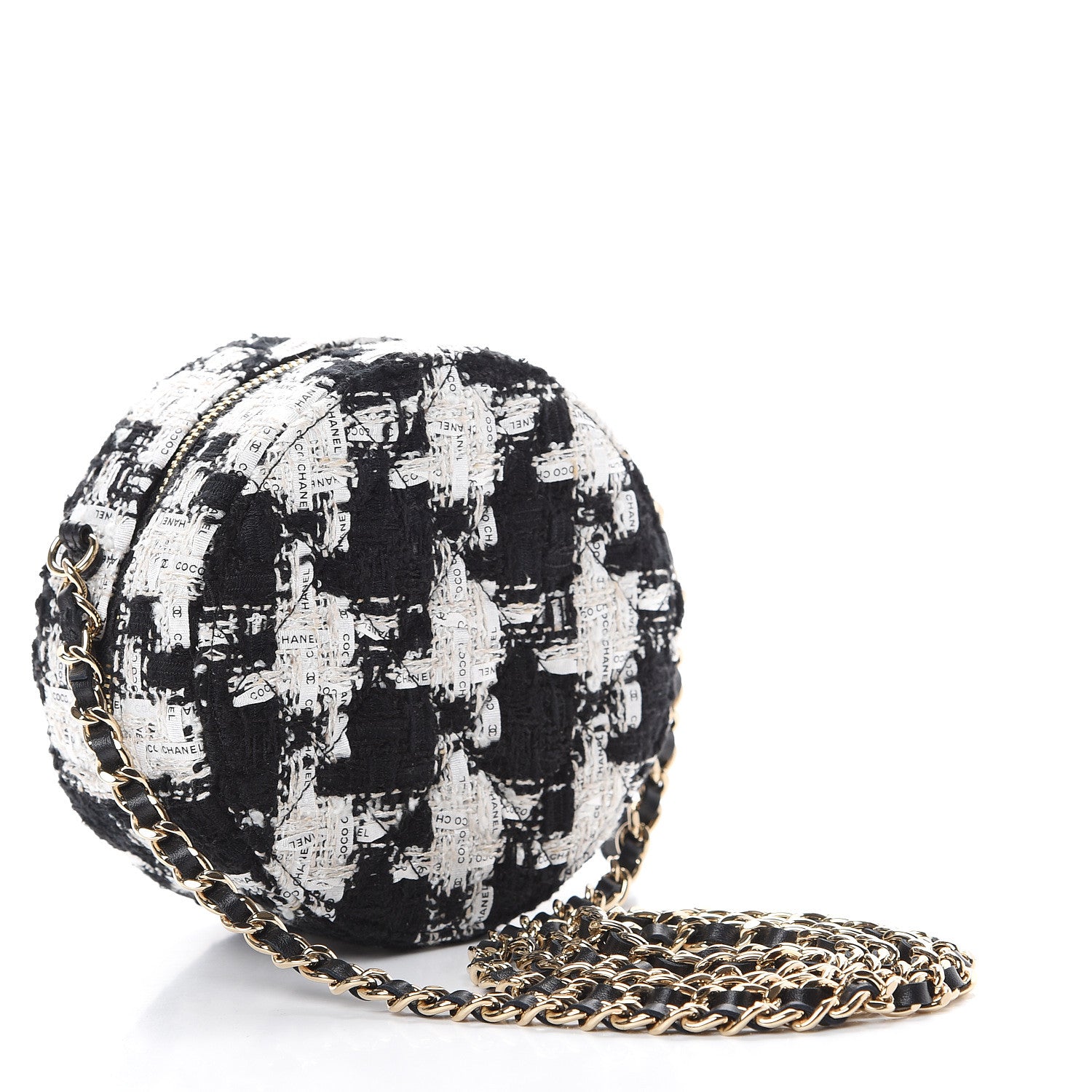 Chanel Tweed Quilted Round Clutch With Chain Black Ecru White 2 of 10