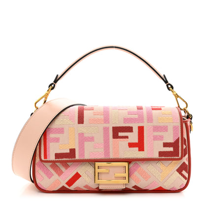 Fendi Canvas Vitello King FF Embroidered Baguette Rosa Quarzo Bloody Mary Multicolor 1 of 9