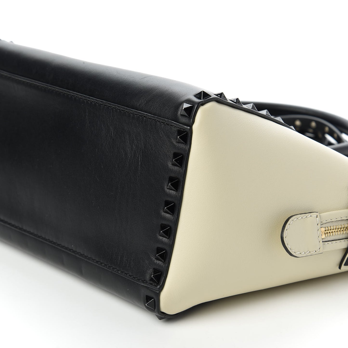 Vitello Bi-Color Small Rockstud Double Handle Tote Ivory Black