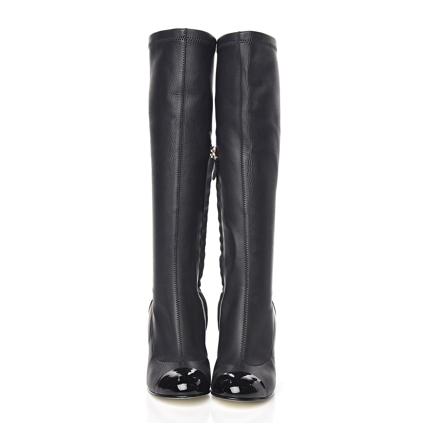 Calfskin Patent Grosgrain Chain Cap Toe High Boots 35 Black White