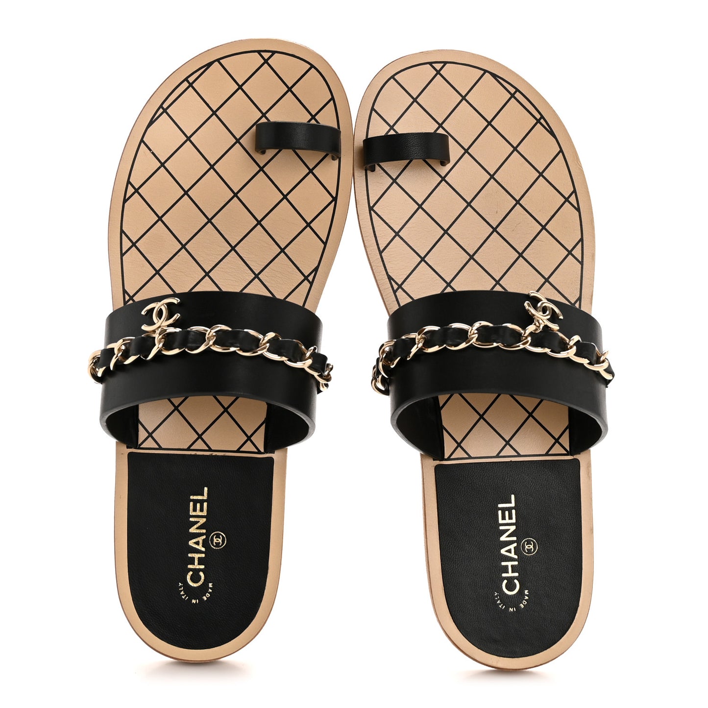 Calfskin Chain CC Logo Toe Ring Sandals 38.5 Black
