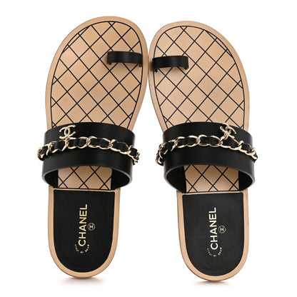 Chanel Calfskin Chain CC Logo Toe Ring Sandals 38.5 Black 2 of 9