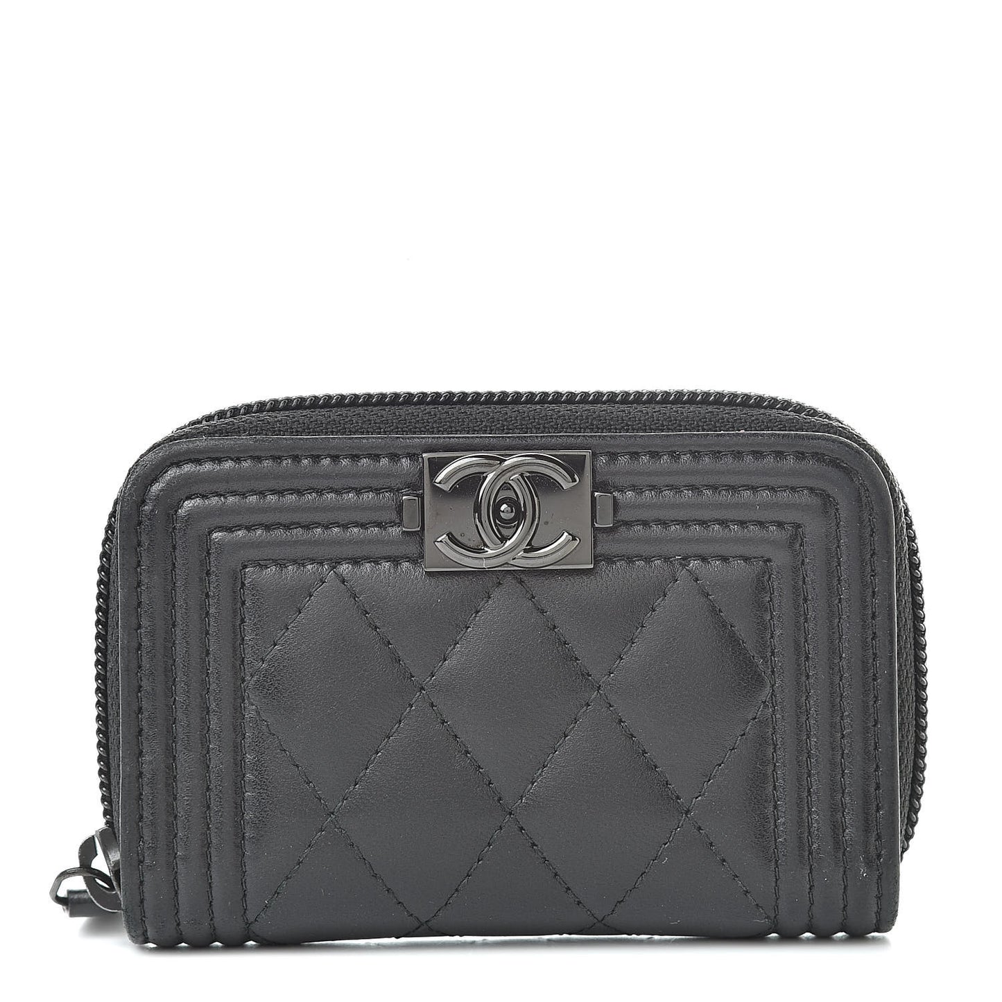 Lambskin Quilted Zip Around Boy Coin Purse Wallet So Black