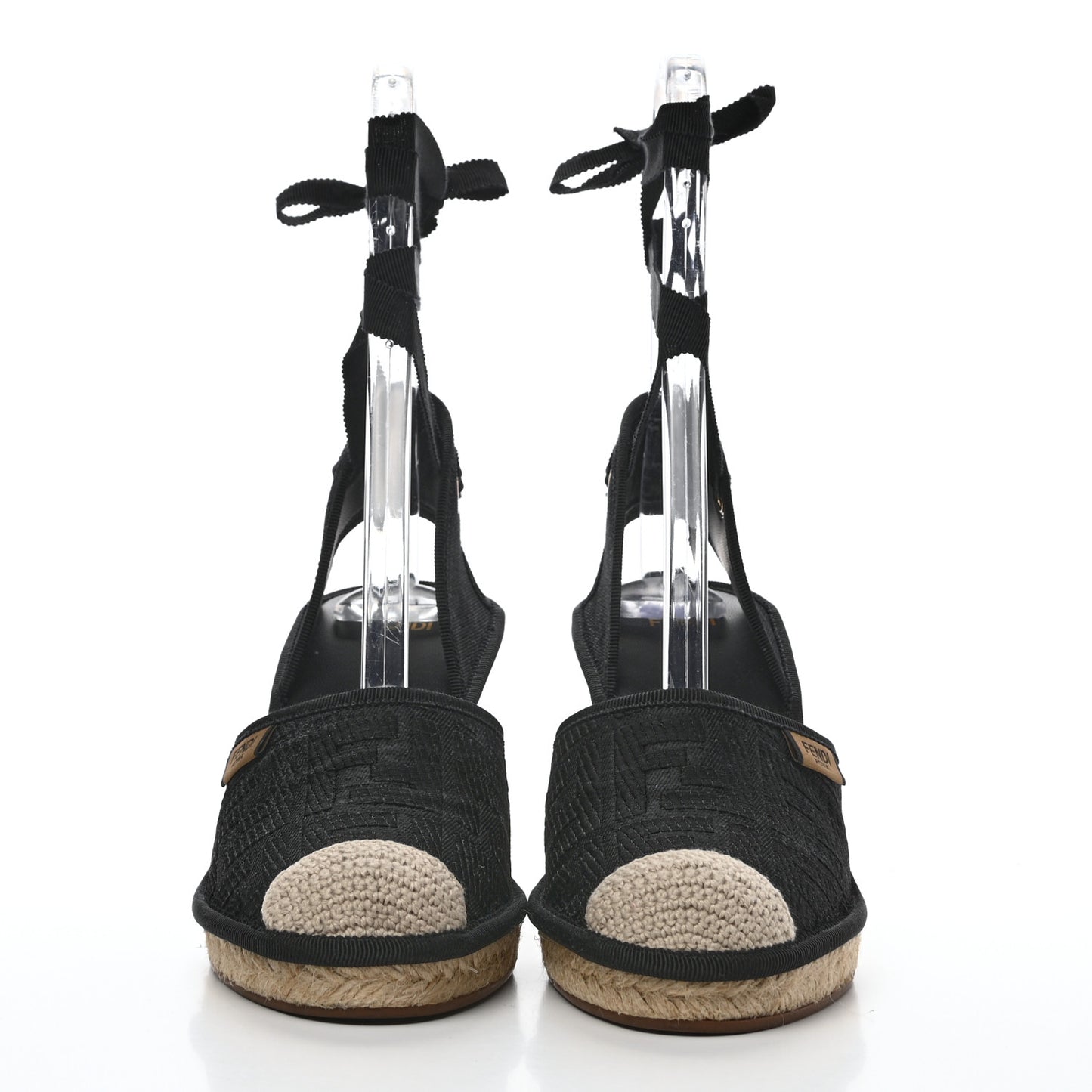 Canvas FF Embroidered Roma Ankle Wrap Espadrille Wedges 38 Black