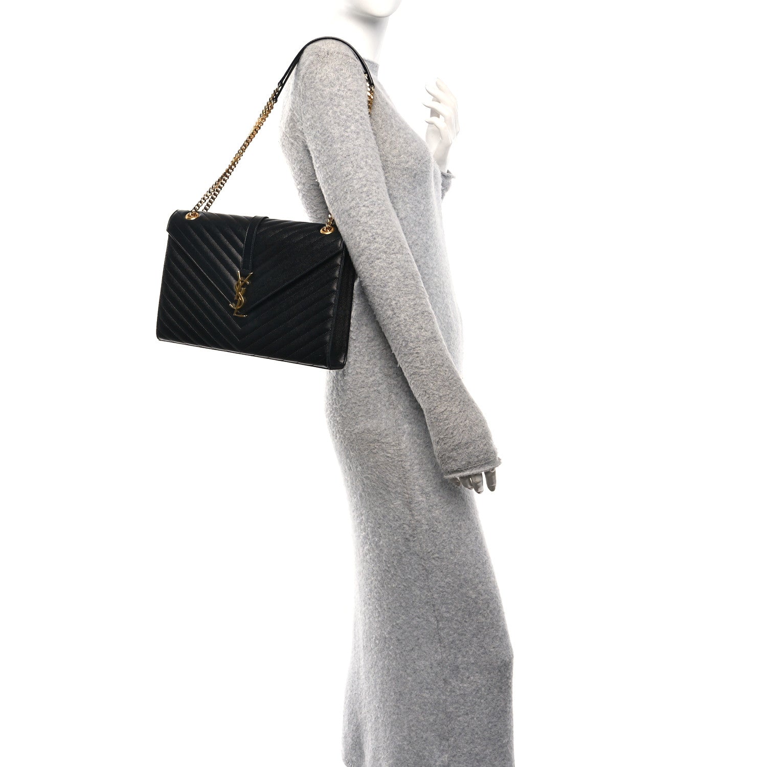 Saint Laurent Grain De Poudre Matelasse Chevron Large Monogram Satchel Black 2 of 9
