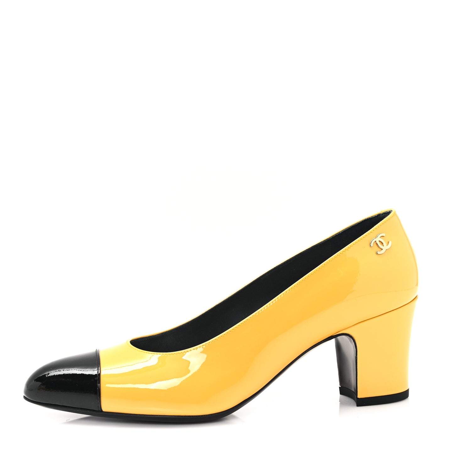 Patent Calfskin Cap Toe CC Pumps 37.5 Black Yellow