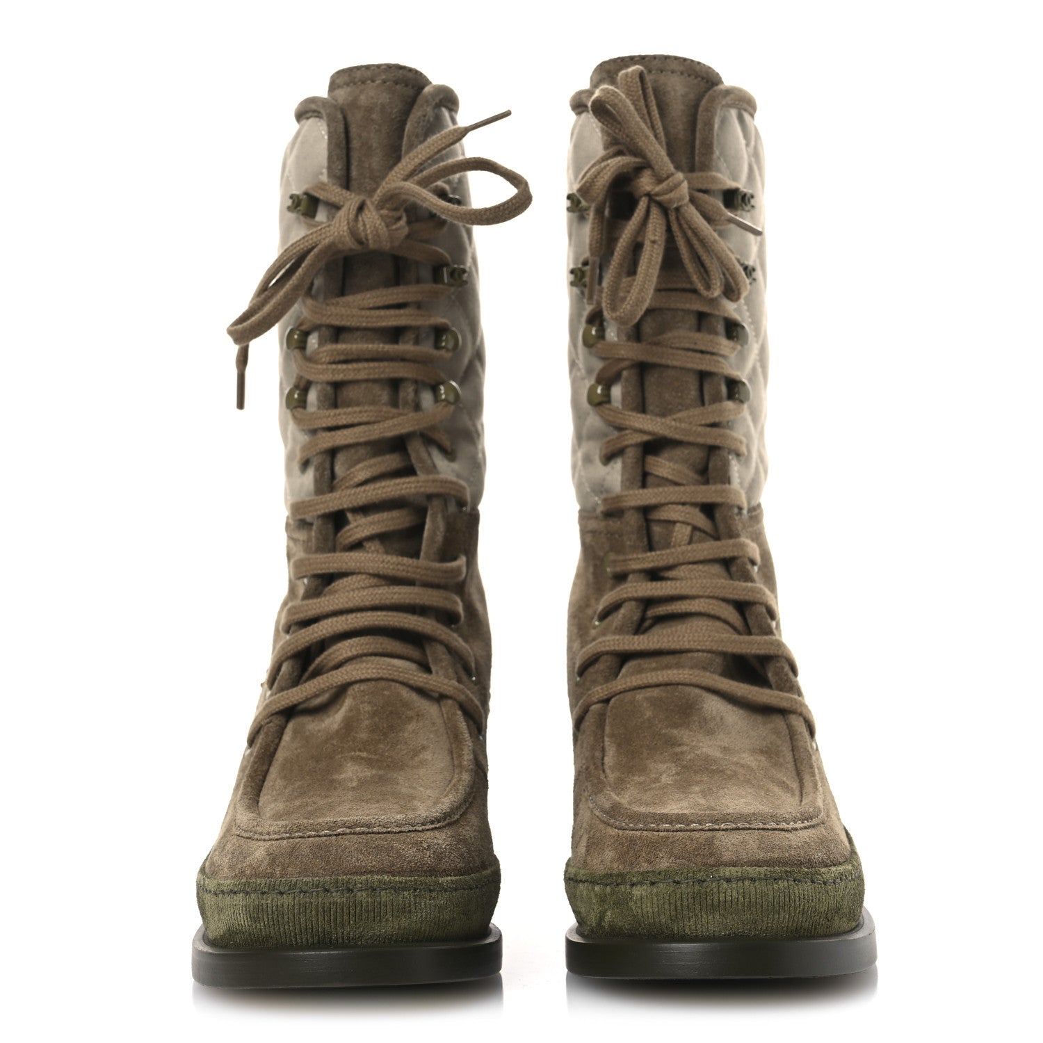 Chanel Suede Calfskin Cotton Quilted CC Chain Combat Boots 39 Light Grey Brown Khaki 3 of 12