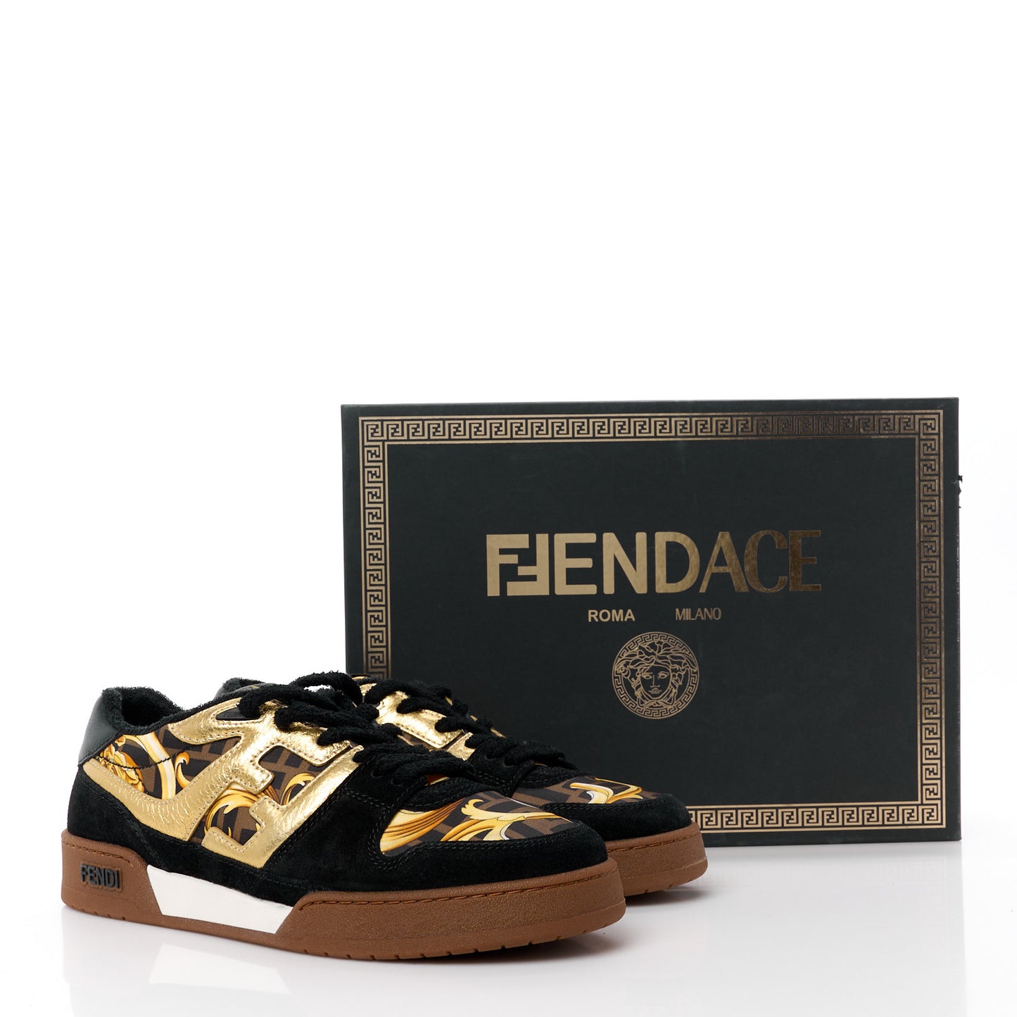 X FENDI Suede Fabric FF Baroque Mens Fendace Match Sneakers 9 Black Gold Multicolor
