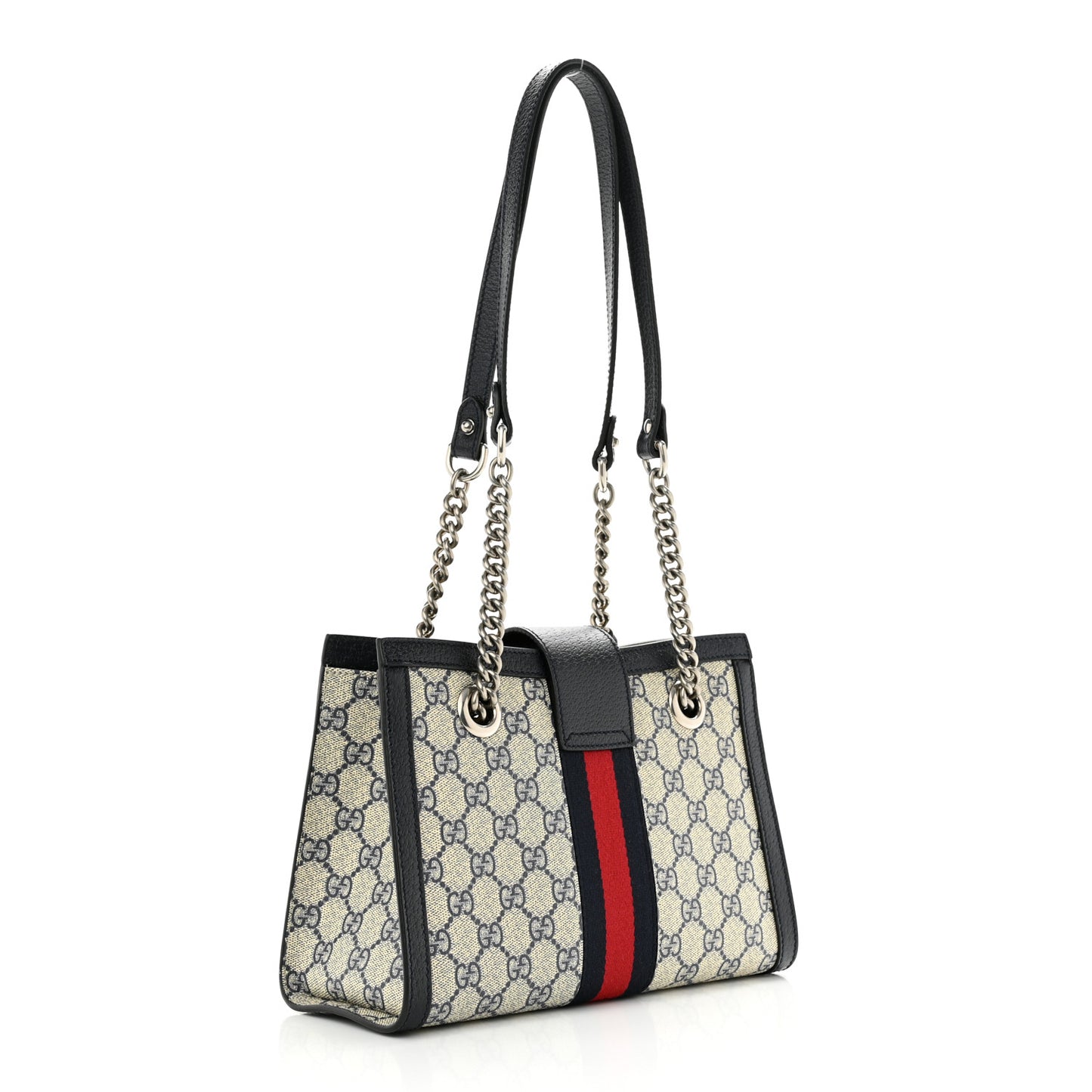 GG Supreme Monogram Textured Dollar Calfskin Web Small Padlock Tote Bag Beige Blue