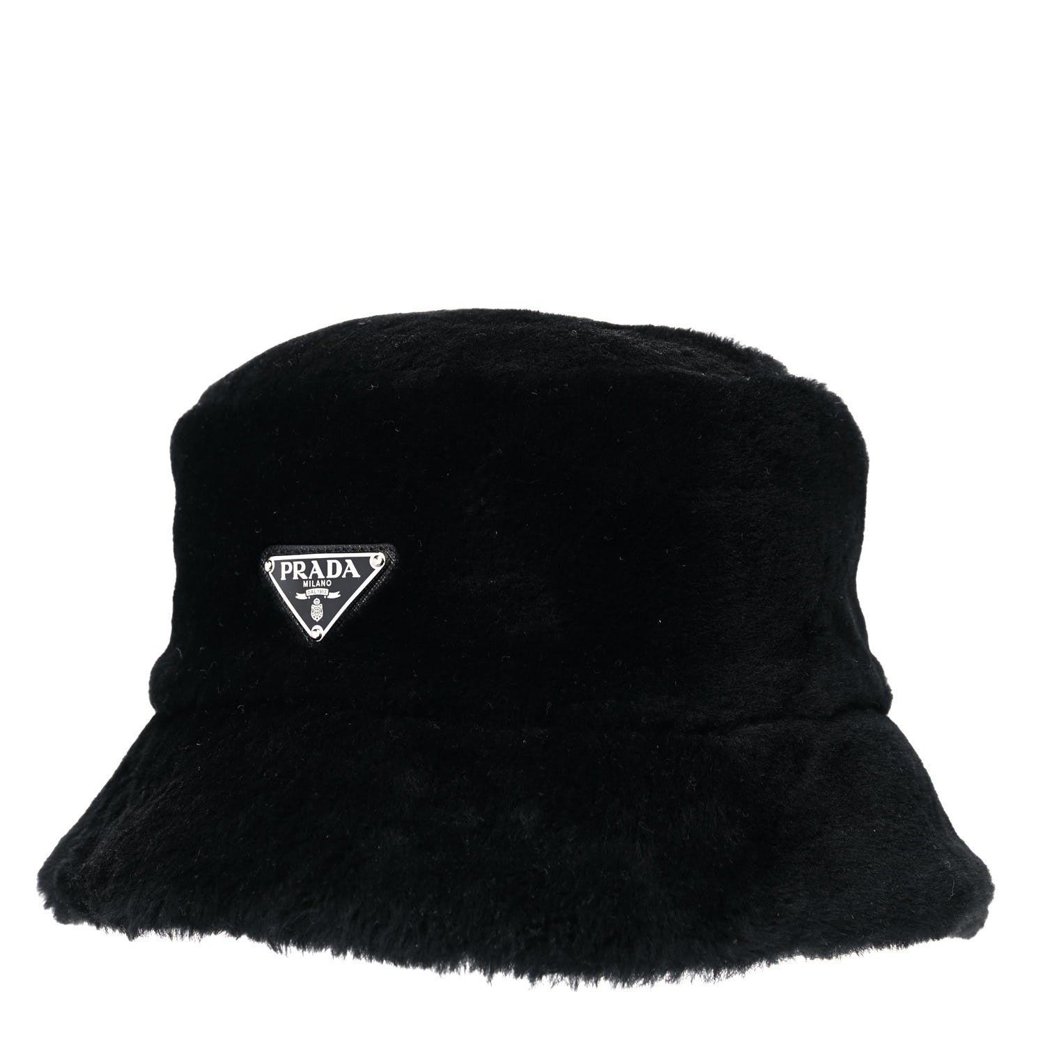 Prada Shearling Metal Triangle Logo Womens Bucket Hat M Black 1 of 9