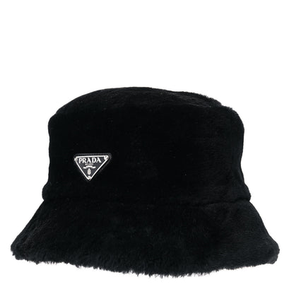 Prada Shearling Metal Triangle Logo Womens Bucket Hat M Black 1 of 9