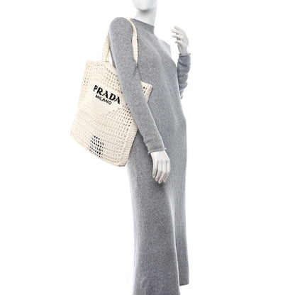 Prada Yarn Raffia Effect Crochet Logo Embroidered Tote Bag White 2 of 12