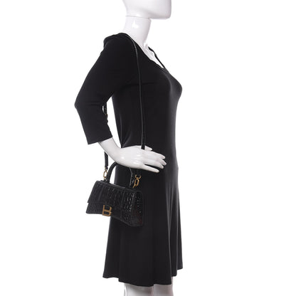 Balenciaga Shiny Calfskin Crocodile Embossed Hourglass Top Handle Bag XS Black 2 of 8